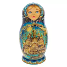 Матрешка на 5 мест "Кижи" синяя, 15 см