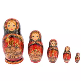 Matryoshka doll for 5 places "Kizhi" Bordeaux, 15 cm