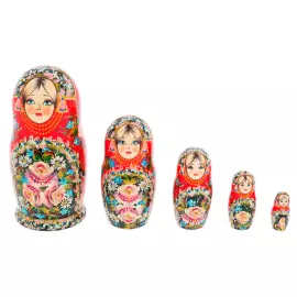 Matryoshka doll for 5 places "Bouquet" red, 18 cm