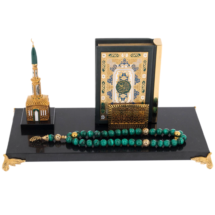 Dolerite and malachite composition "Koran with Mosque" with rosary beads, Chrysostom