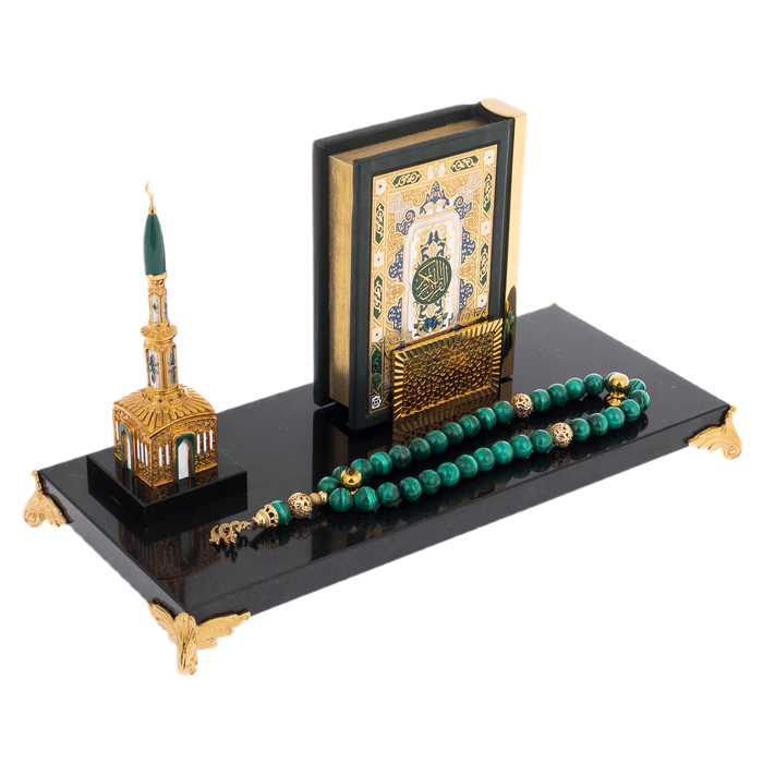 Dolerite and malachite composition "Koran with Mosque" with rosary beads, Chrysostom