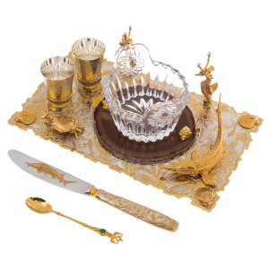 Caviar bowl with cut agate "Sea world" for 2 persons, Zlatoust