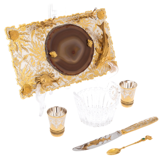 Caviar bowl with cut agate "Sea world" for 2 persons, Zlatoust