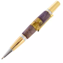 Ballpoint pen made of Karelian birch and amber "Flower" purple, in a case