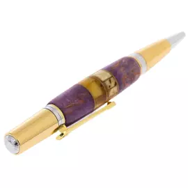 Ballpoint pen made of Karelian birch and amber "Flower" purple, in a case