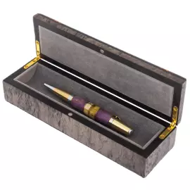 Ballpoint pen made of Karelian birch and amber "Flower" purple, in a case