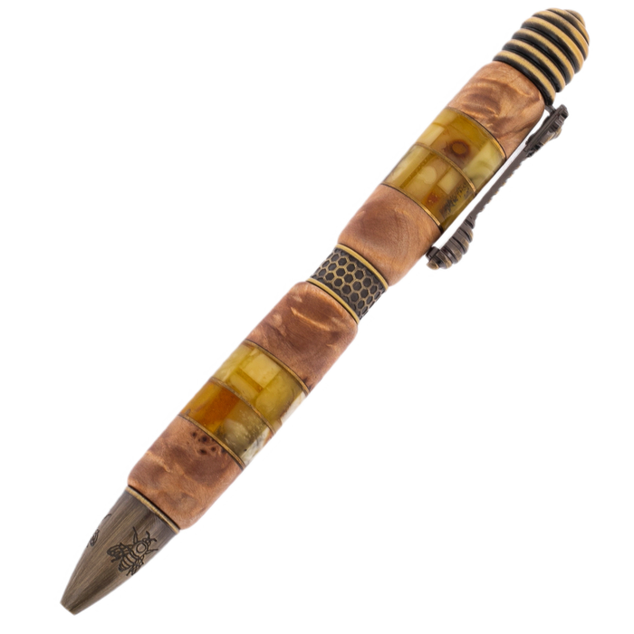 Ballpoint pen made of Karelian birch and amber "Fly" in a case