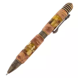 Ballpoint pen made of Karelian birch and amber "Fly" in a case