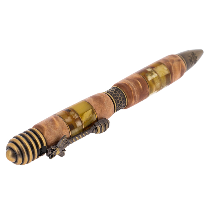 Ballpoint pen made of Karelian birch and amber "Fly" in a case
