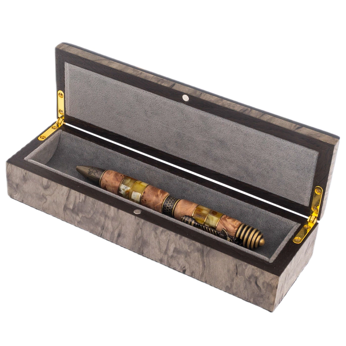 Ballpoint pen made of Karelian birch and amber "Fly" in a case