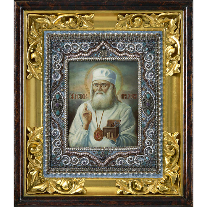 Embroidered icon of St. Luke of Crimea in antique frame and case