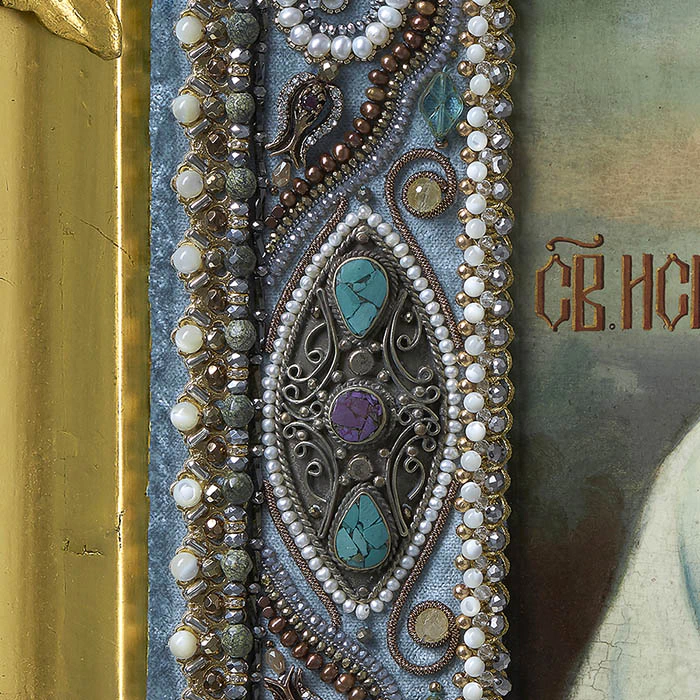 Embroidered icon of St. Luke of Crimea in antique frame and case