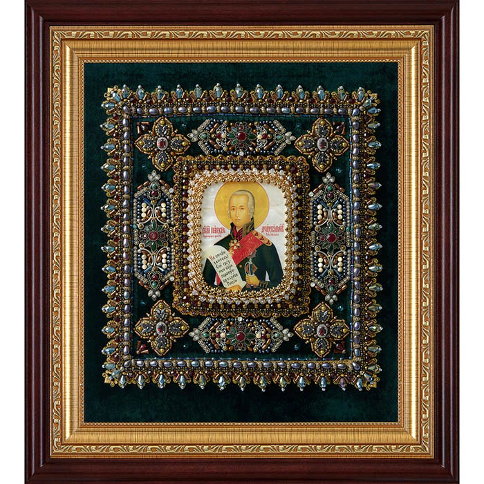 The embroidered icon "The Righteous Warrior Feodor Ushakov" in a frame and a case