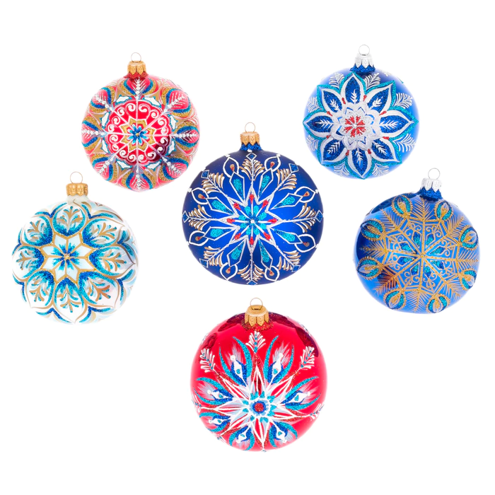 Set of 6 Fairy Pattern Christmas balls in a musical painted box