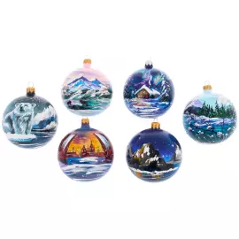 Set of 6 Christmas tree balls "North of Russia" in a musical painted box