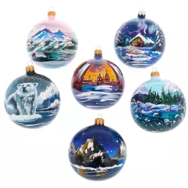 Set of 6 Christmas tree balls "North of Russia" in a musical painted box