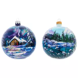 Set of 6 Christmas tree balls "North of Russia" in a musical painted box