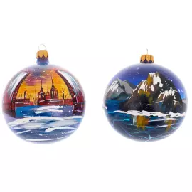 Set of 6 Christmas tree balls "North of Russia" in a musical painted box