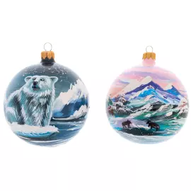 Set of 6 Christmas tree balls "North of Russia" in a musical painted box