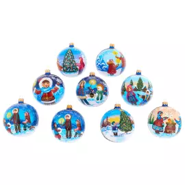 Set of 9 Christmas balls "Winter Holidays" in a musical painted box
