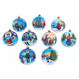 Set of 9 Christmas balls "Winter Holidays" in a musical painted box