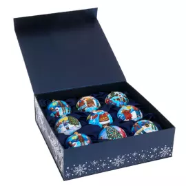 Set of 9 Christmas balls "Winter Holidays" in a musical painted box