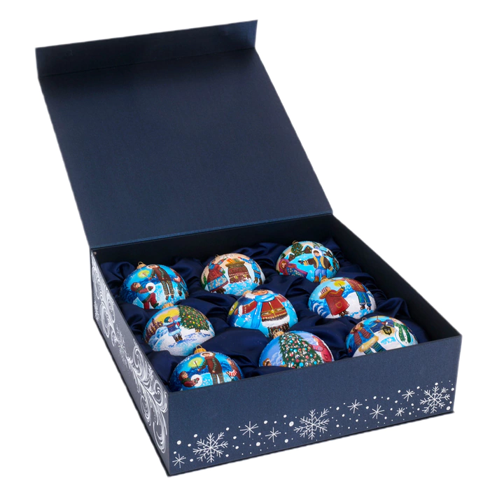 Set of 9 Christmas balls "Winter Holidays" in a musical painted box
