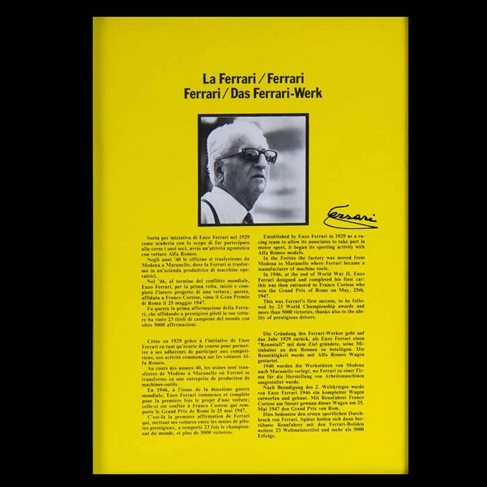 An autographed brochure by designer Enzo Ferrari