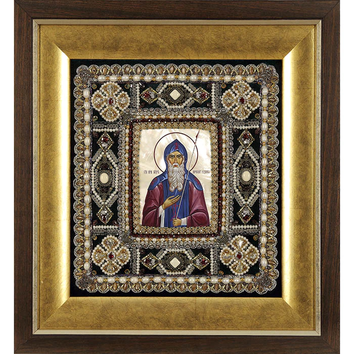 Embroidered icon of St. Peresvet of Radonezh in a frame and a kiosk