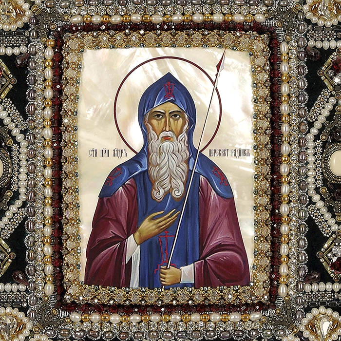 Embroidered icon of St. Peresvet of Radonezh in a frame and a kiosk