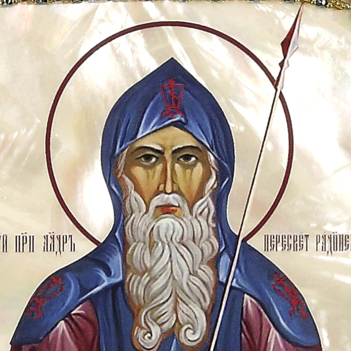 Embroidered icon of St. Peresvet of Radonezh in a frame and a kiosk