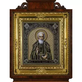 Вышитая икона "Святой Преподобный Сергий Радонежский" в раме и киоте