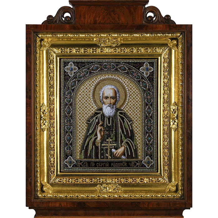 Embroidered icon of St. Sergius of Radonezh in a frame and a kiosk