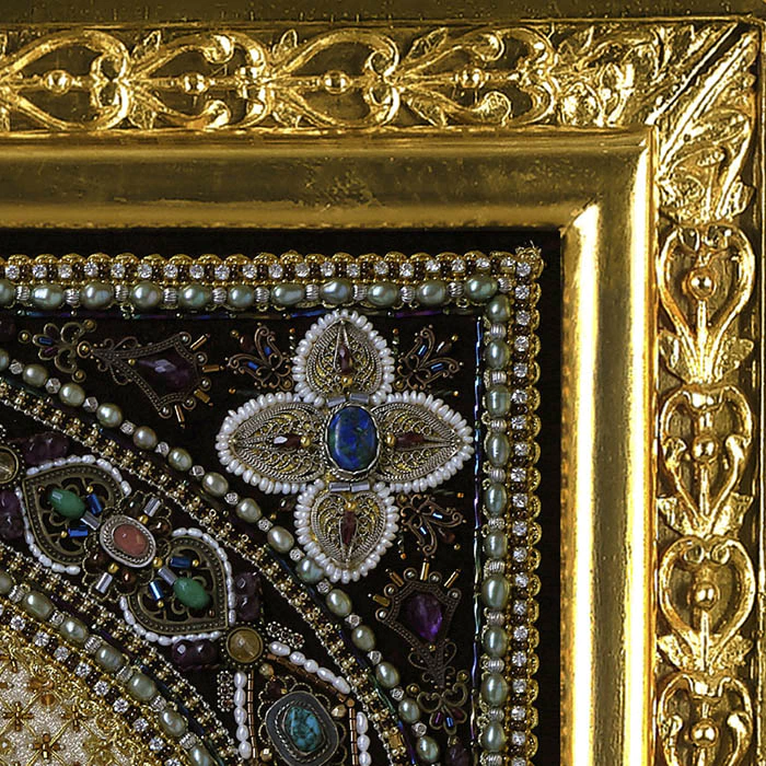 Embroidered icon of St. Sergius of Radonezh in a frame and a kiosk