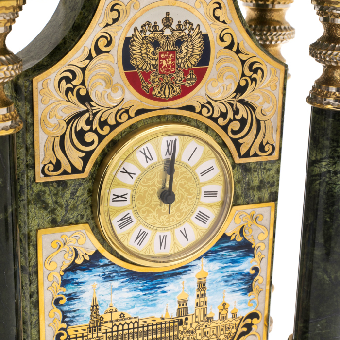 Mantel clock made of serpentine "Double-headed eagle. The Zlatoust Kremlin