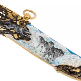 Нож сувенирный из дамасской стали "Волки в горах" Златоуст