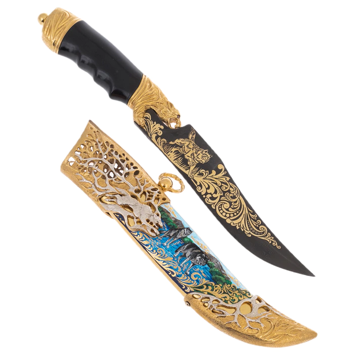 Souvenir knife made of Damascus steel "Wolves on the river" Zlatoust