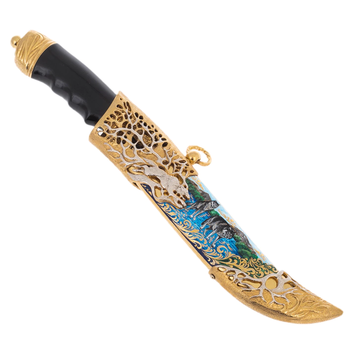 Souvenir knife made of Damascus steel "Wolves on the river" Zlatoust