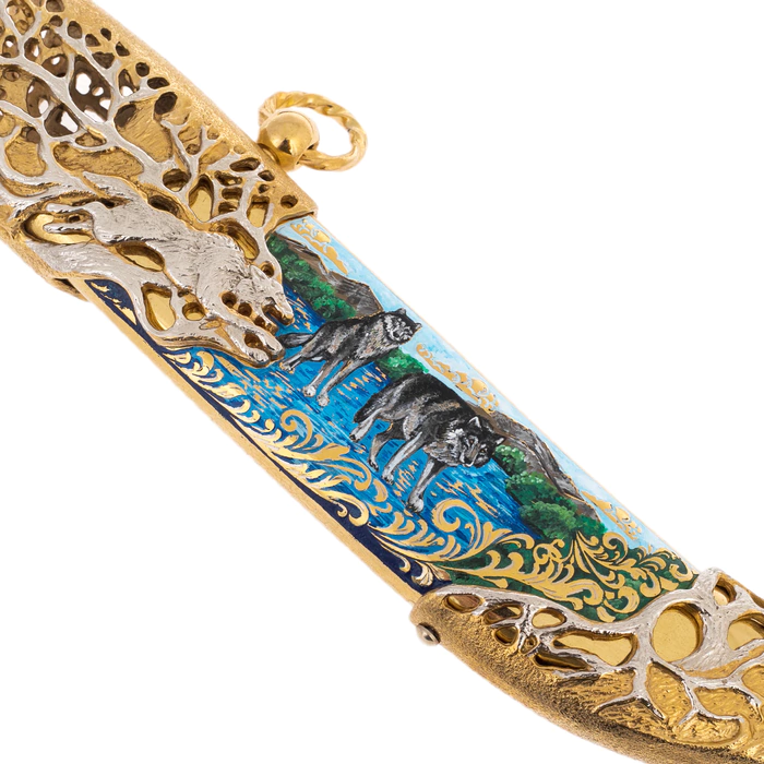 Souvenir knife made of Damascus steel "Wolves on the river" Zlatoust