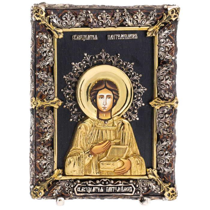 Icon with artistic bronze casting "Panteleimon"