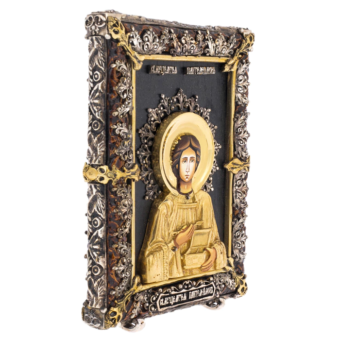 Icon with artistic bronze casting "Panteleimon"