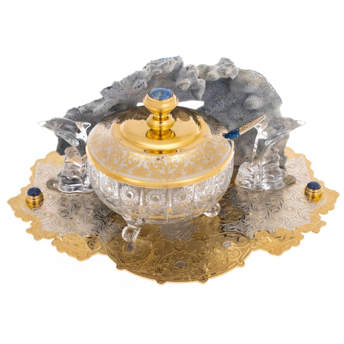 Caviar bowl on a stand "Dolphin reef" with lapis lazuli, Zlatoust