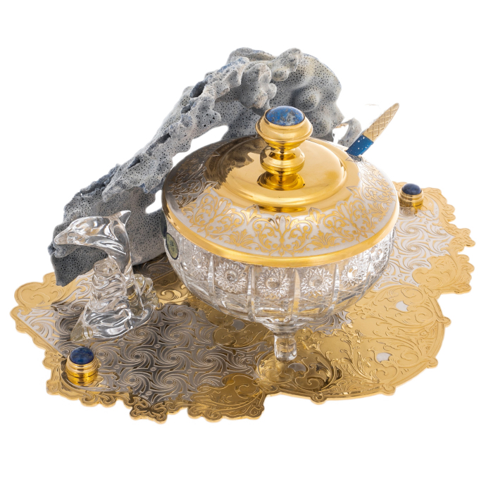 Caviar bowl on a stand "Dolphin reef" with lapis lazuli, Zlatoust