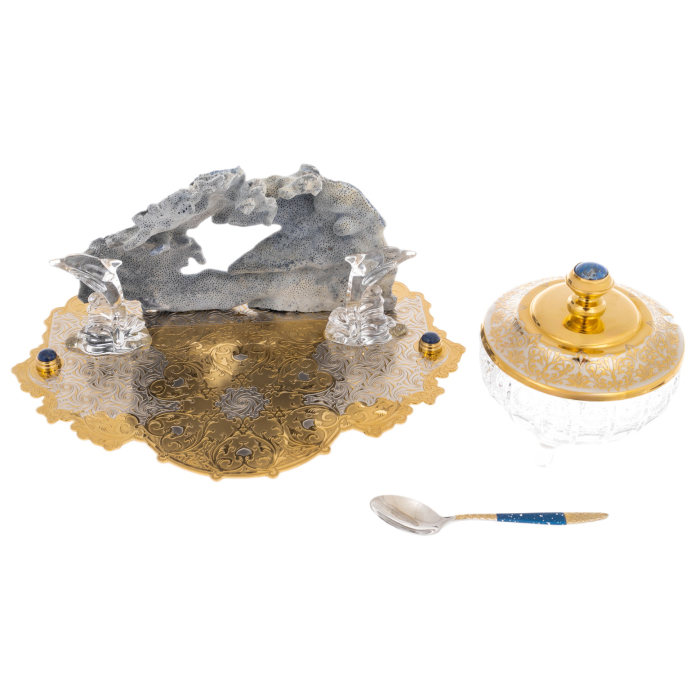 Caviar bowl on a stand "Dolphin reef" with lapis lazuli, Zlatoust
