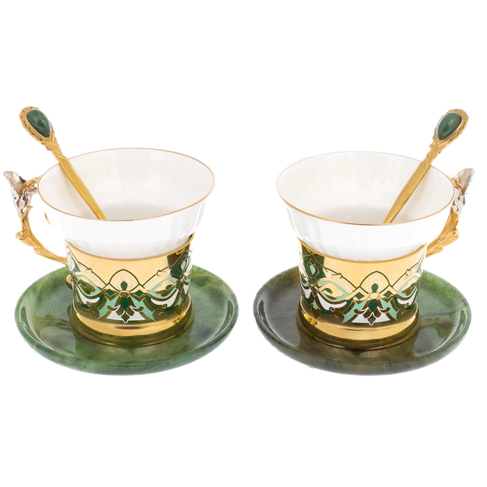 Coffee set with jade "Lilies" for 2 persons, Zlatoust