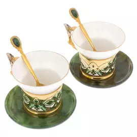 Coffee set with jade "Lilies" for 2 persons, Zlatoust