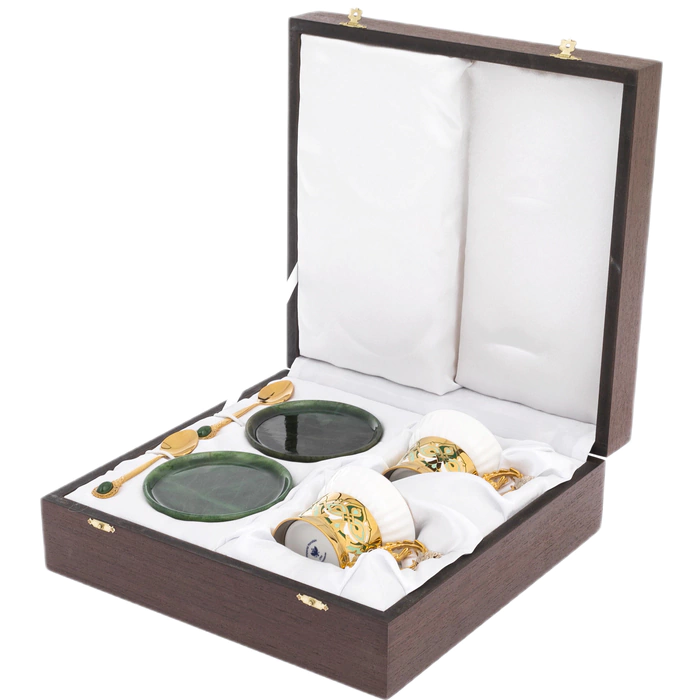 Coffee set with jade "Lilies" for 2 persons, Zlatoust
