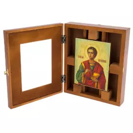 Икона на натуральном перламутре "Святой Пантелеймон" в киоте
