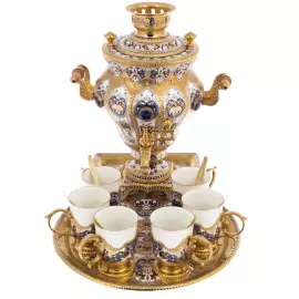 Чайный набор с лазуритом "Самоварный домик" на 6 персон, 14 предметов, Златоуст