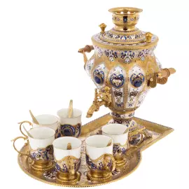 Чайный набор с лазуритом "Самоварный домик" на 6 персон, 14 предметов, Златоуст